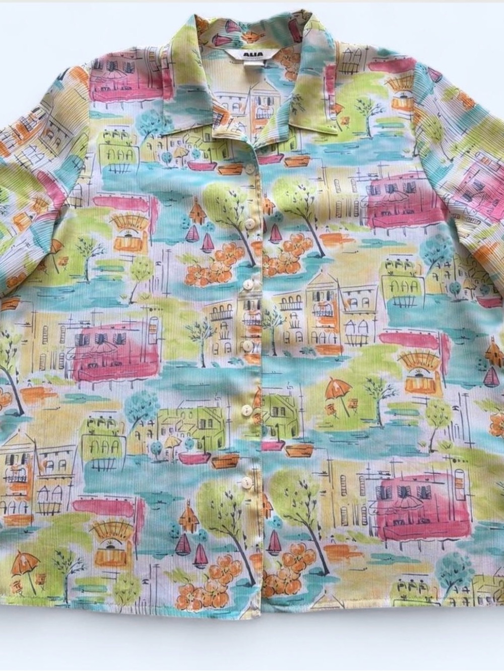 Alia Vintage Dopamine Pastel Multicolor Mediterranean Village Blouse. Size 16.
